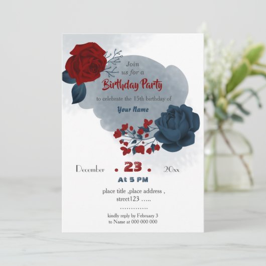 ネイビエレガントー&レッドフローラ植物誕生日 招待状 (スタンド正面)