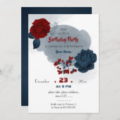 ネイビエレガントー&レッドフローラ植物誕生日 招待状 (正面/裏面)