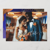 ネイビエレガントー&焦げオレンジ |写真の日付の保存 招待状 (正面/裏面)