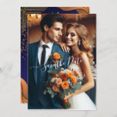 ネイビエレガントー&焦げオレンジ |写真の日付の保存 招待状 (正面/裏面)