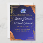 ネイビエレガントー&焦げオレンジ |写真の日付の保存 招待状 (裏面)