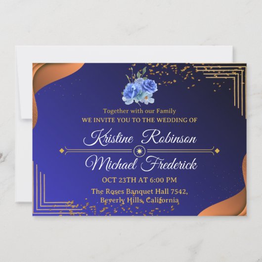 ネイビエレガントー&焦げオレンジ |写真の日付の保存 招待状 (裏面)