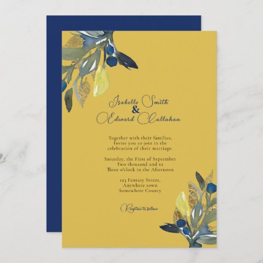 ネイビエレガントー&金ゴールドウォーター葉カラー結婚ズ 招待状 (正面/裏面)
