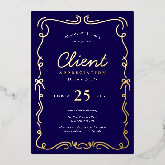 ネイビエレガントー&金ゴールドク企業のライアント評価 箔招待状 (正面)