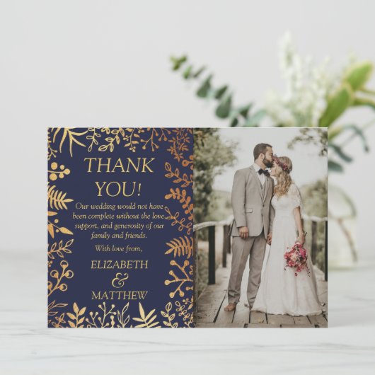 ネイビエレガントー&金ゴールドフローラ結婚の写真 サンキューカード (スタンド正面)