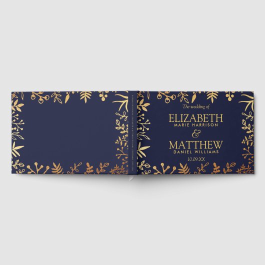 ネイビエレガントー&金ゴールドフローラ結婚コレクション ゲストブック (全面)