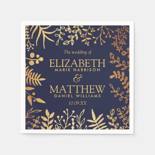 ネイビエレガントー&金ゴールドフローラ結婚コレクション スタンダードカクテルナプキン (正面)