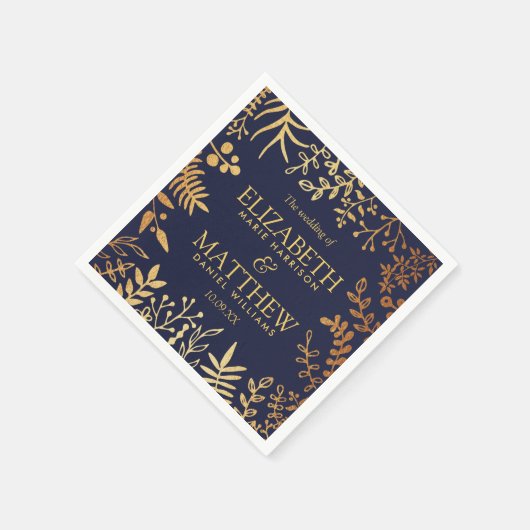 ネイビエレガントー&金ゴールドフローラ結婚コレクション スタンダードカクテルナプキン (角)