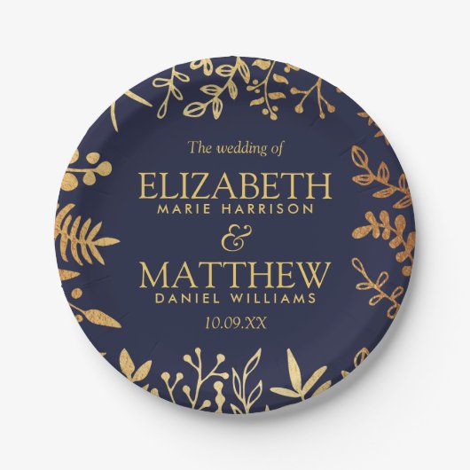 ネイビエレガントー&金ゴールドフローラ結婚コレクション ペーパープレート (正面)
