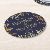 ネイビエレガントー&金ゴールドフローラ結婚コレクション ラウンドペーパーコースター (アングル)