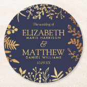 ネイビエレガントー&金ゴールドフローラ結婚コレクション ラウンドペーパーコースター (正面)