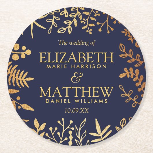 ネイビエレガントー&金ゴールドフローラ結婚コレクション ラウンドペーパーコースター (正面)