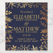 ネイビエレガントー&金ゴールドフローラ結婚コレクション ワインラベル (シングルラベル)