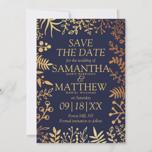 ネイビエレガントー&金ゴールドフローラ結婚式の日付を保存 セーブザデート (正面)