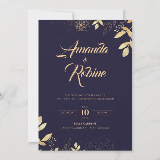 ネイビエレガントー&金ゴールド結婚式招待状 招待状 (正面)