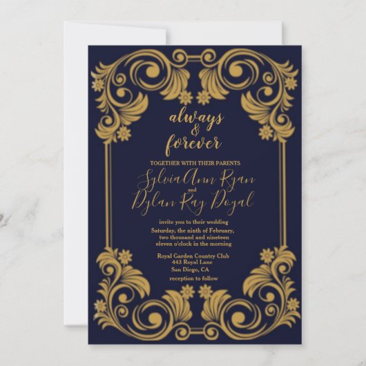 ネイビエレガントー&金ゴールド結婚式招待状 招待状 (正面)