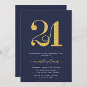 ネイビエレガントー&金ゴールド21歳の誕生日パーティー 招待状 (正面/裏面)
