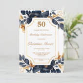 ネイビエレガントー&金ゴールド50番目の誕生日招待状 招待状 (スタンド正面)