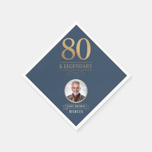 ネイビエレガントー&金ゴールド80thと伝説的誕生日 スタンダードカクテルナプキン (角)