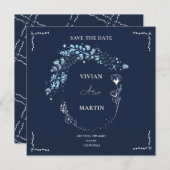 ネイビエレガントーBlUeモノグラム日付の保存 招待状 (正面/裏面)