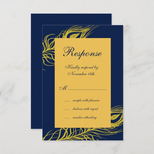 ネイビエレガントーRSVPの羽毛 出欠カード (正面/裏面)