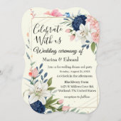 ネイビエレガント赤面フローラ結婚式招待状 招待状 (正面/裏面)