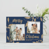 ネイビエレガント金ゴールド葉2フォトクリスマスカード (スタンド正面)