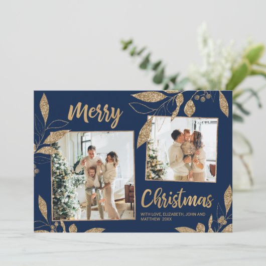 ネイビエレガント金ゴールド葉2フォトクリスマスカード (スタンド正面)