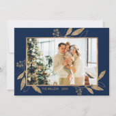 ネイビエレガント金ゴールド葉2フォトクリスマスカード (裏面)