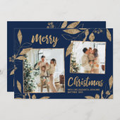 ネイビエレガント金ゴールド葉2フォトクリスマスカード (正面/裏面)