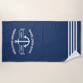 ネイビカスタムーブルーいかりに乗って歓迎ボート名 ビーチタオル (正面)