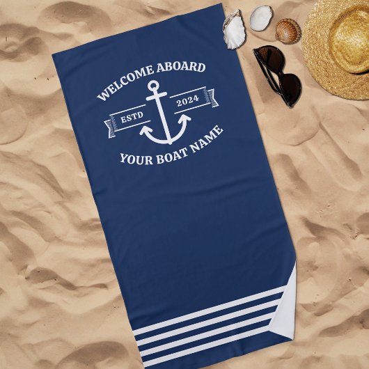 ネイビカスタムーブルーいかりに乗って歓迎ボート名 ビーチタオル