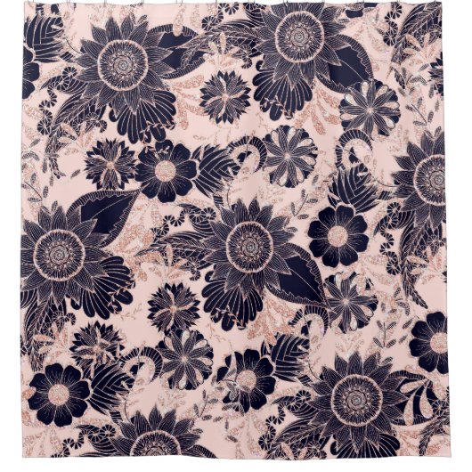 ネイビガーリーバラ金ゴールドグリッターフローライラスト シャワーカーテン (正面)