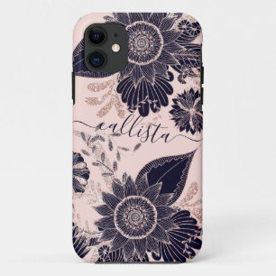 ネイビガーリーバラ金ゴールドグリッターフローライラスト iPhone 11 ケース