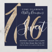 ネイビガーリーーブルーフェイク金ゴールドシークイングリッタースウィート16 招待状 (正面/裏面)