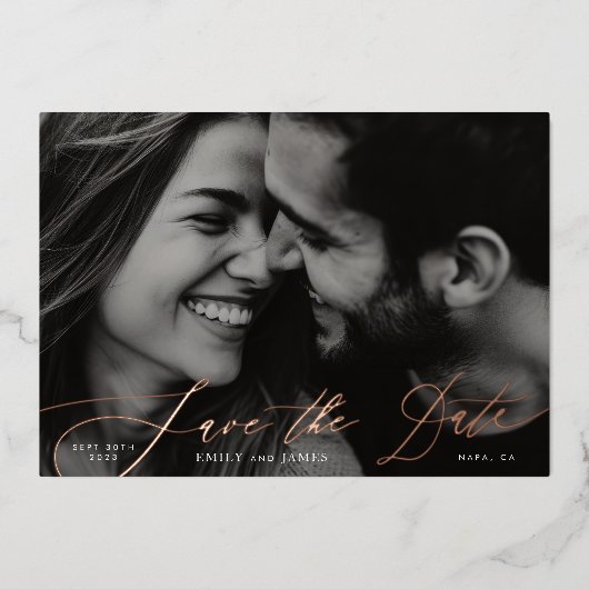 ネイビクラシックーの写真結婚日付を保存 箔招待状 (正面)