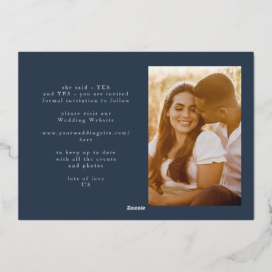 ネイビクラシックーの写真結婚日付を保存 箔招待状 (裏面)