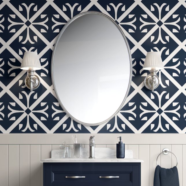 ネイビクラシックータイル – ネイビーとホワイト – 伝統的 壁紙 (Classic Navy Tiles - Navy and White - Traditional Peel and Stick Wallpaper)