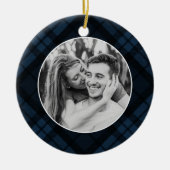 ネイビクラシックータータンチェックプレイドフォトホリデー セラミックオーナメント (正面)