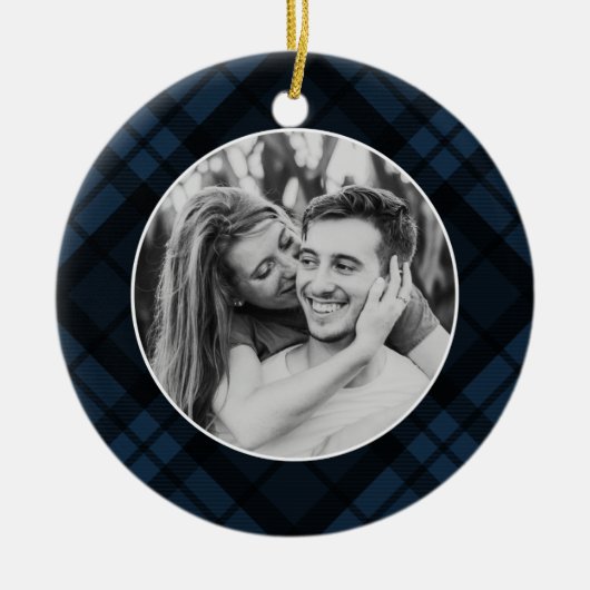 ネイビクラシックータータンチェックプレイドフォトホリデー セラミックオーナメント (正面)