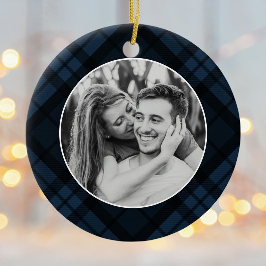 ネイビクラシックータータンチェックプレイドフォトホリデー セラミックオーナメント
