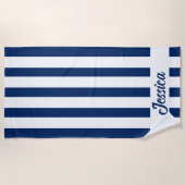ネイビクラシックーブルアンドホワイトカバナストリップ ビーチタオル (正面)