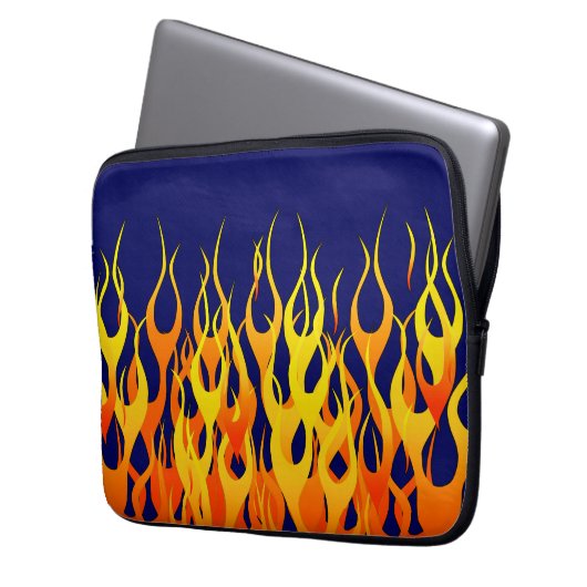 ネイビクラシックーブルーのレーシングフレイムス ラップトップスリーブ (正面左)