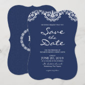 ネイビクラシックーブルーレース日付カードを保存 セーブザデート (正面/裏面)