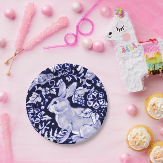 ネイビクラシックーブルー白うさぎ鳥専用ダムデルフト ペーパープレート (パーティー)