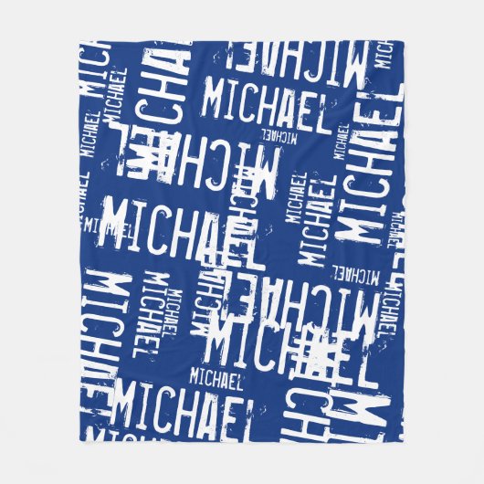 ネイビクールーブルーのタイポグラフィホワイトネーム フリースブランケット (正面)