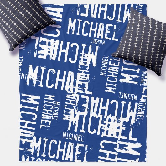 ネイビクールーブルーのタイポグラフィホワイトネーム フリースブランケット