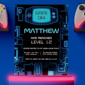 ネイビクールーモダンブルーブラック10代のビデオゲームパーティー 招待状