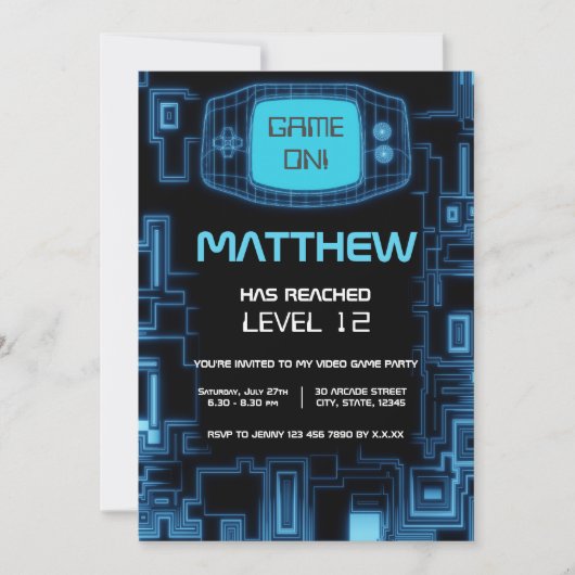 ネイビクールーモダンブルーブラック10代のビデオゲームパーティー 招待状 (正面)