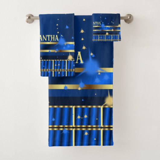ネイビコンテンポラリーーとブルー王室の金ゴールド幾何学模様 バスタオルセット (インサイチュ)